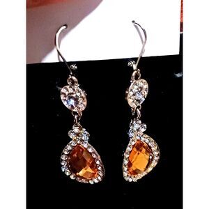 Silver-Toned Chandelier Amber & Clear Crystal Dangle Earrings